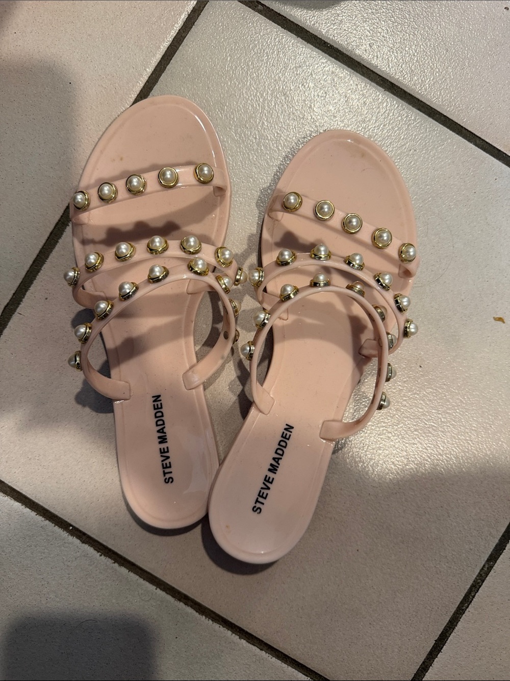 Steve Madden Blush Pink Pearl-Stud Slide Sandals